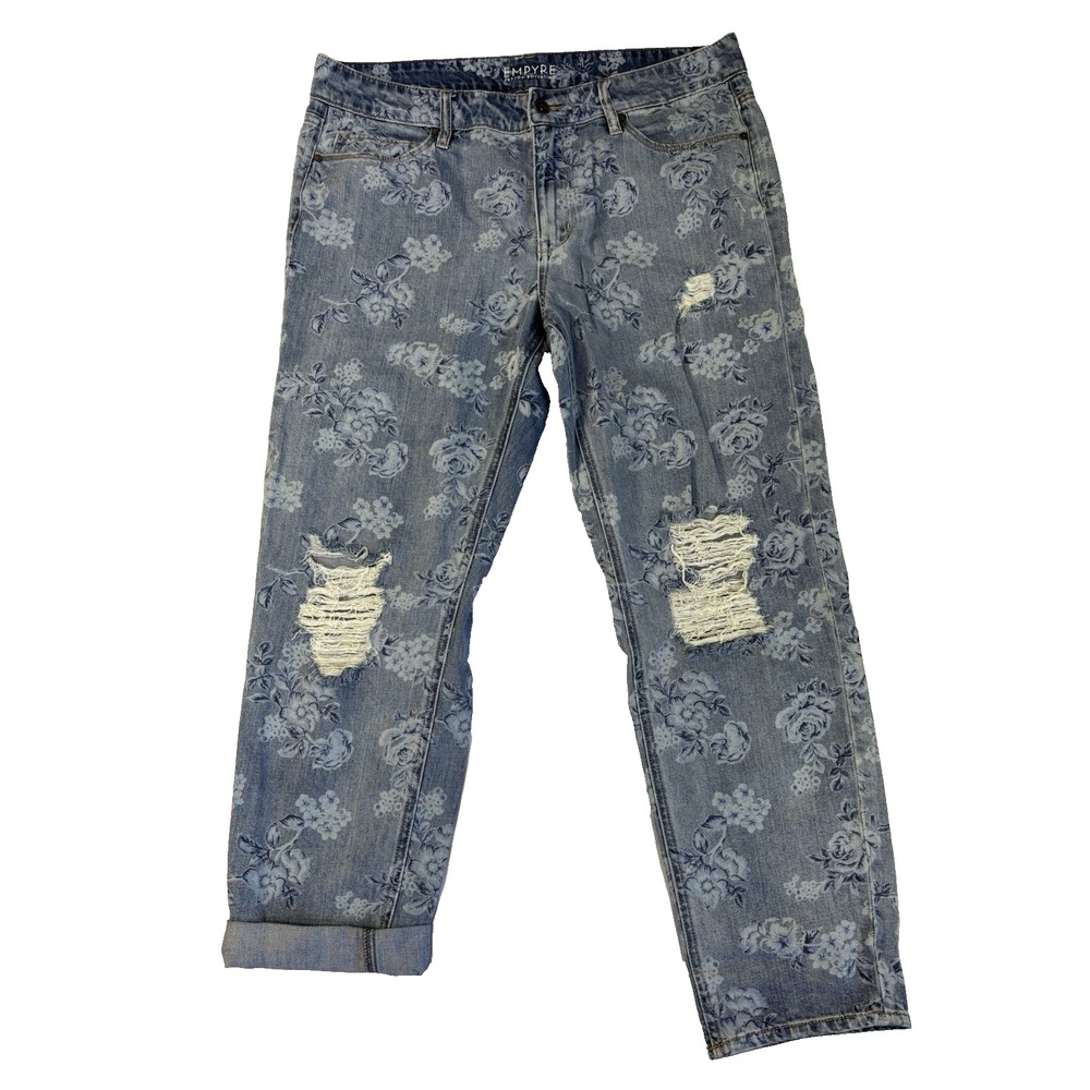 Empyre Easton Boyfriend Jeans Floral Printed Distressed Blue Denim Women's 13